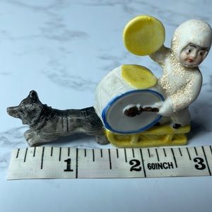 RARE Little drummer German bisque snowbaby on sleigh being pulled by dog 1900’s